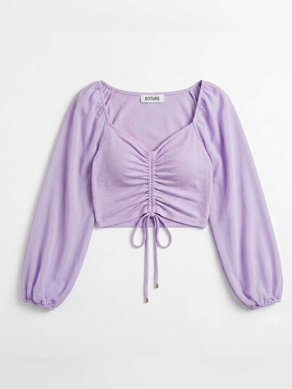 Boture Lilac Ruched Drawstring Crop Top Sheer Balloon Sleeve Blouse Women’s M